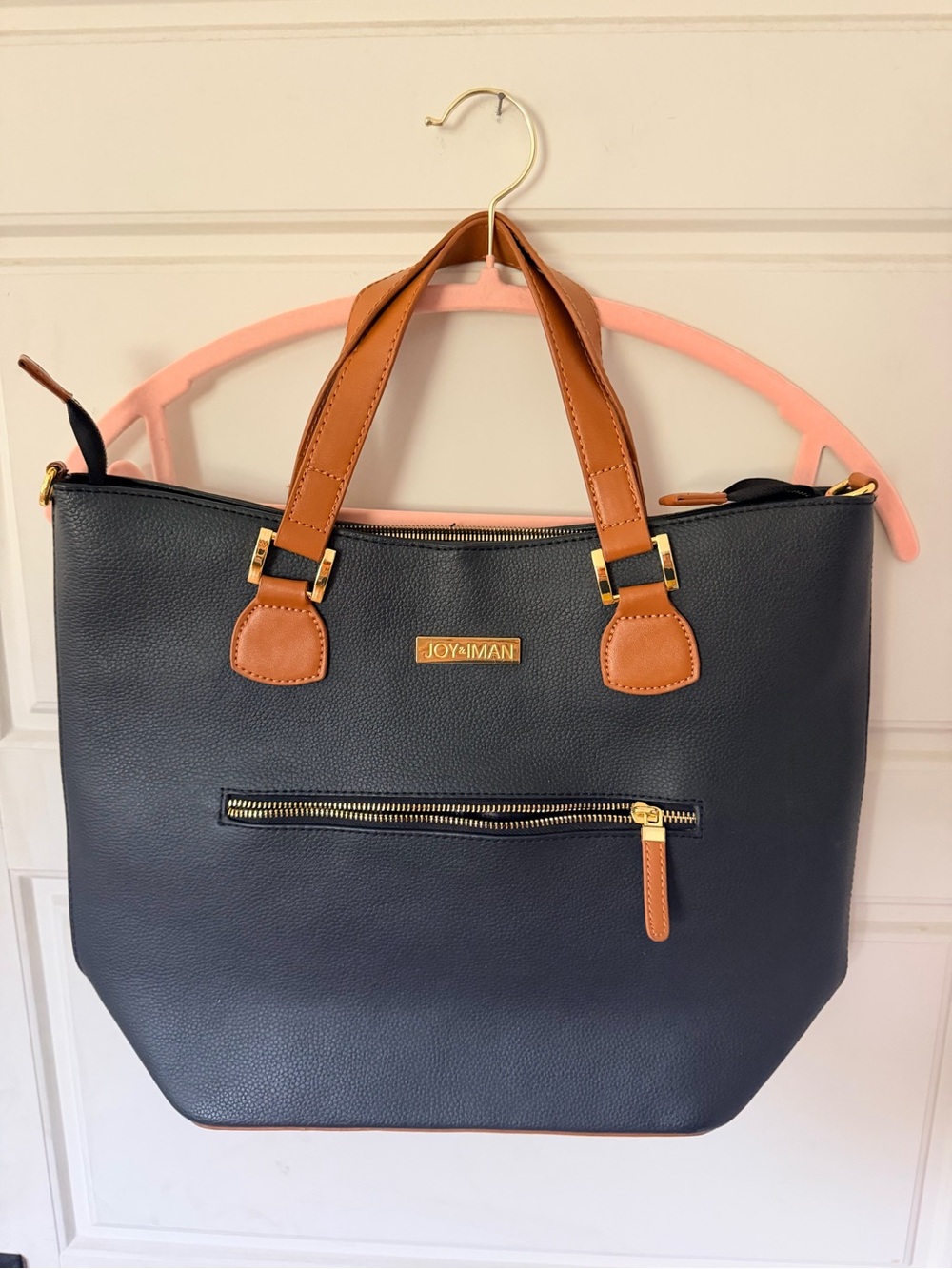 Joy & Iman Black Tote with Tan Handles